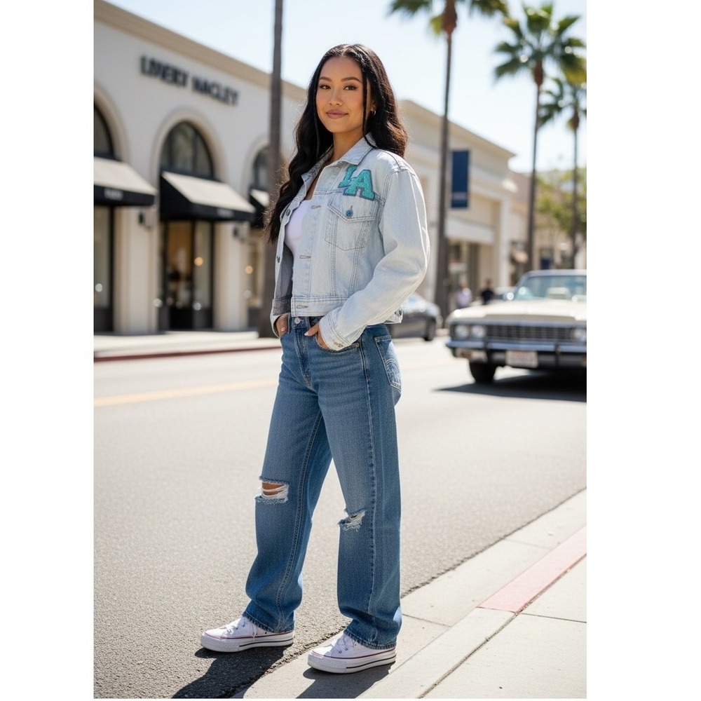 VTG! :LA Gear" Lt Wash Denim Jacket Chenille Patch Cropped Womens SZ S 90s RARE!